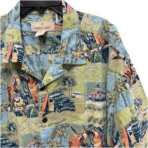 Paradise Shores Hawaiian Shirt XXL Parrot Palm Beach Print Button Front
